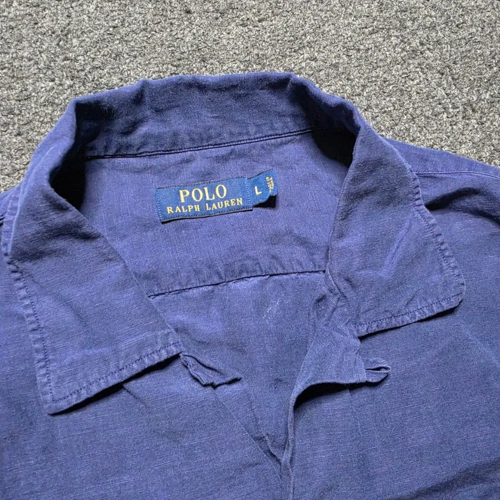 Polo Ralph Lauren Button Down Shirt Blue Mens Large Linen Silk Camp Collar Pony